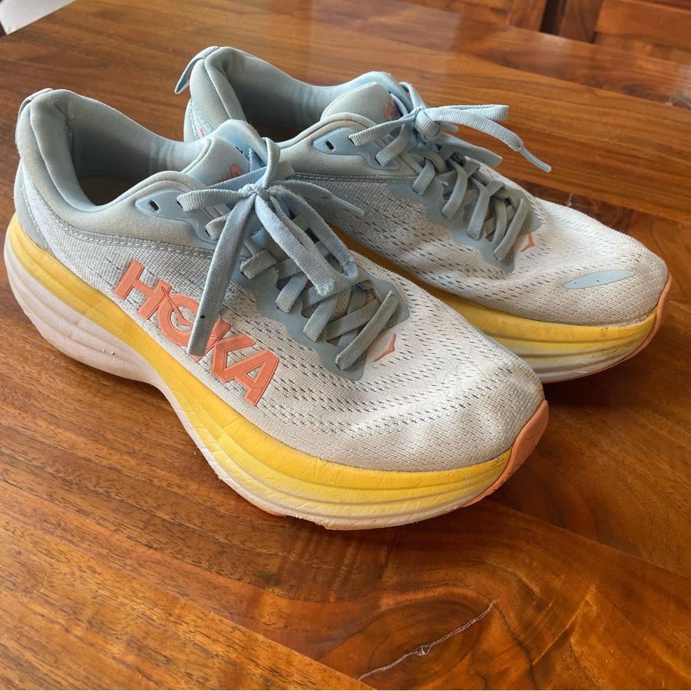 Hoka One One Bondi 8 in Light Blue and Yellow